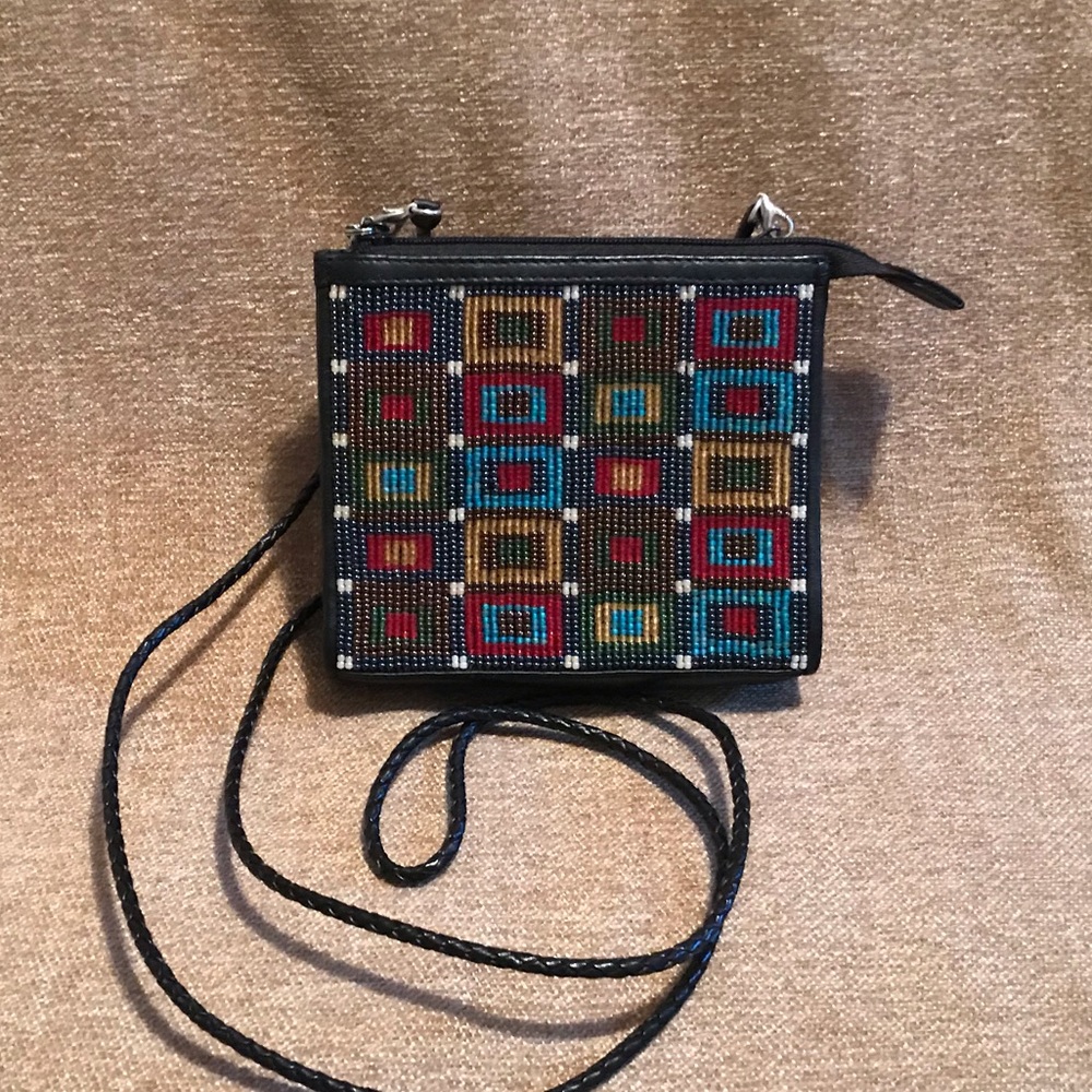 Brighton Black Leather Beaded Crossbody Bag